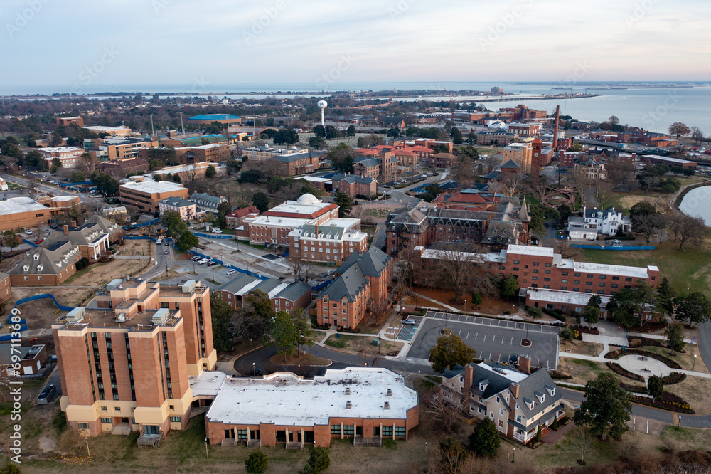 Aerial View of Hampton University HBCU in Virginia Overlooking the Campus