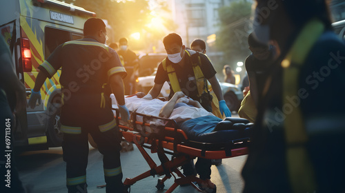 Team of Asian EMS Paramedics React Quick to Provide medical assistance to the injured patient and transport him in the ambulance using a stretcher. An emergency care assistant arrives at the scene. photo