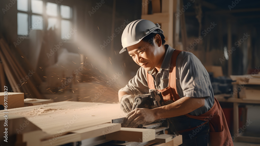 Asian carpenter sawing wood in a wood shop, carpenter wearing protective helmet, teak wood. Generative AI. Asian carpenter sawing wood in a wood shop, carpenter wearing protective helmet, teak wood. Generative AI.