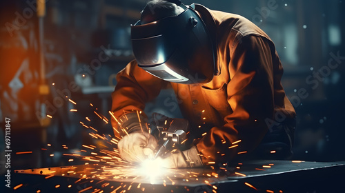 Welder welding steel in factory, welding mask, protective clothing. Generative AI. photo