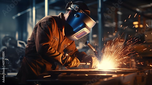 Welder welding steel in factory, welding mask, protective clothing. Generative AI.