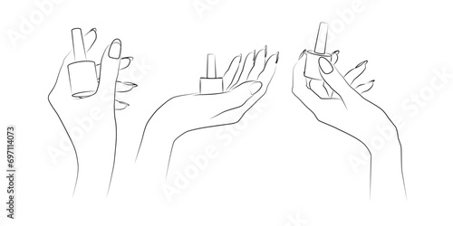 Hands holding nailpolish bottle. Set of three illustrations. Minimalistic line art