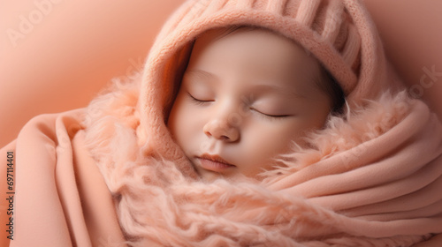 A baby slumbers in bliss, swathed in a peach fuzz blanket, the fluffy texture adding to the sweetness of the moment.