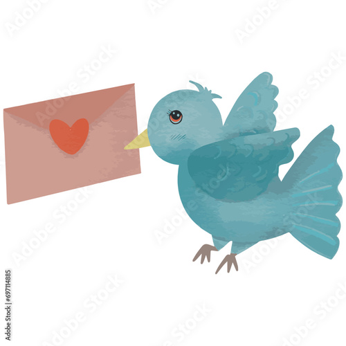 A cute blue bird with love envelope vector watercolor style.Bird with love envelope happy valentine day.