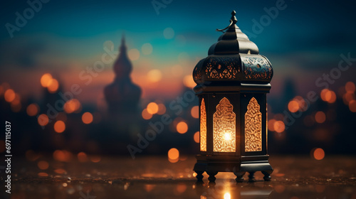 islamic lantern with a blurred mosque background for Ramadan Kareem wallpaper
 photo