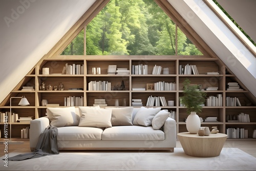 a modern living room with comfortable sofa and a library with books © DailyLifeImages