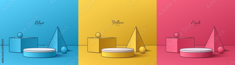 Obraz premium Set of 3D geometric podium background with yellow, pink and blue in cartoon comic manga style. Abstract minimal mockup product display presentation, Stage showcase. Platforms vector geometric design.
