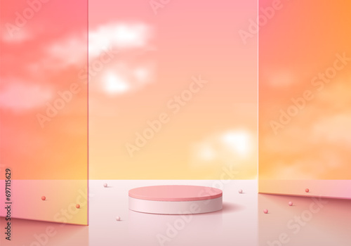 Pink 3D cylinder podium pedestal background with pink glass partitions and cloud and vanilla sky scene. Minimal mockup product display presentation, Stage showcase. Platforms vector geometric design.