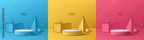 Set of 3D geometric podium background with yellow, pink and blue in cartoon comic manga style. Abstract minimal mockup product display presentation, Stage showcase. Platforms vector geometric design.