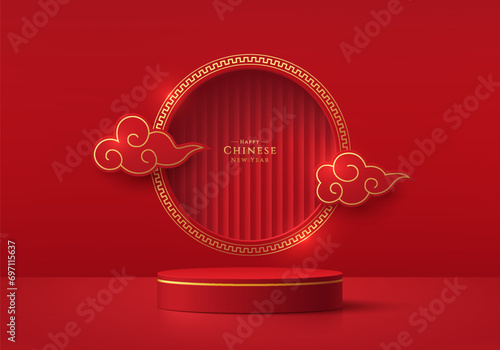 Realistic red gold 3D cylinder podium with circle window and cloud in chinese style. Minimal scene for products showcase, Promotion display. Abstract studio room platform. Happy lantern day concept.