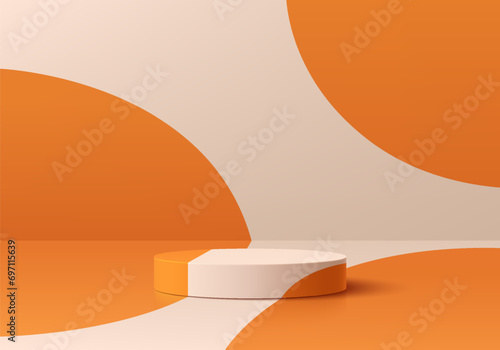 3D white cylinder podium pedestal background with free form orange on white color wall scene. Minimal mockup product display, Stage for showcase, Banner promotion. Abstract vector geometric platforms.