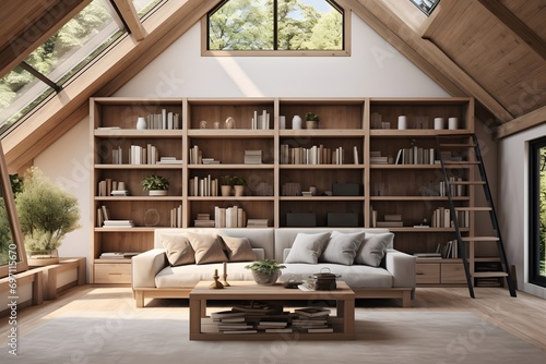 a modern living room with comfortable sofa and a library with books