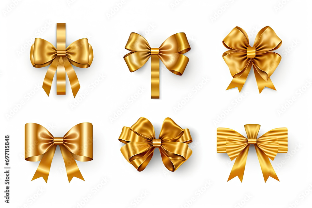 A collection of curly gold ribbon Christmas and birthday present banner set isolated against a white background.
