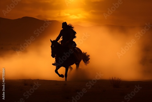 silhouette of a man riding a horse in a desert with sun in background