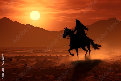 silhouette of a man riding a horse in a desert with sun in background