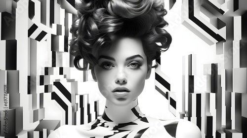 Monochromatic Surrealism Anonymity and Pattern Contrast in Black and White, Striped Backdrop and Checkered Ensemble in a Surreal Portrait. Portrait of woman dress in checkerboard. Generative AI