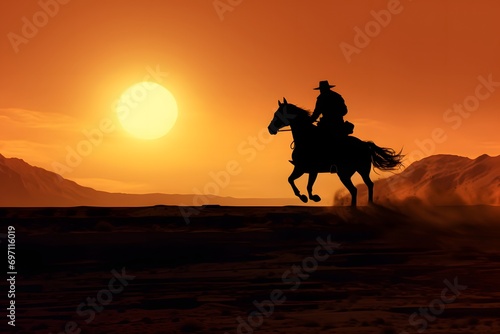 silhouette of a man riding a horse in a desert with sun in background