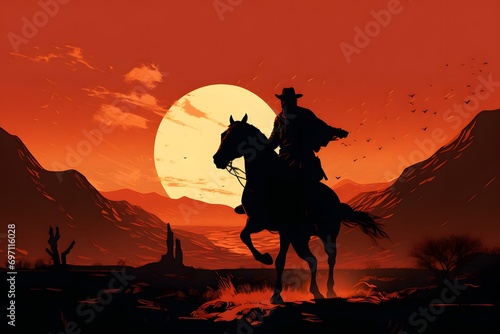 silhouette of a man riding a horse in a desert with sun in background