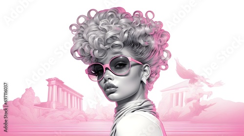 A Surreal Portrait of Model with Curly Hair and Fancy Sunglasses. Generative AI