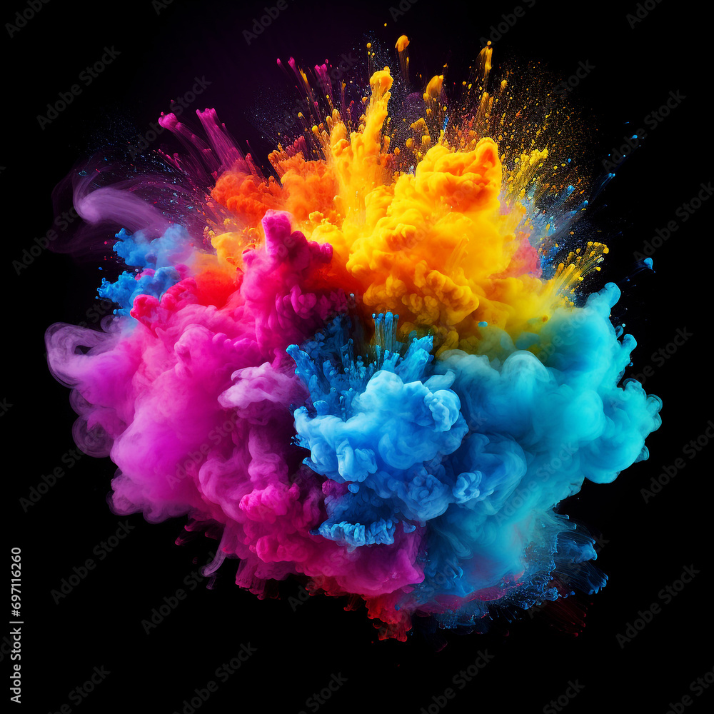 Photo colorful mixed rainbow powder explosion isolated background, Happy Holi, Holi background, AI Generated