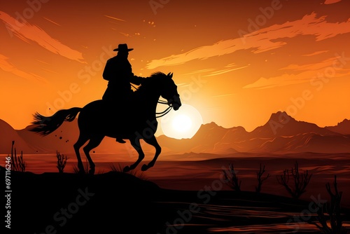 silhouette of a man riding a horse in a desert with sun in background