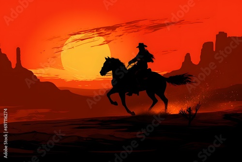 silhouette of a man riding a horse in a desert with sun in background