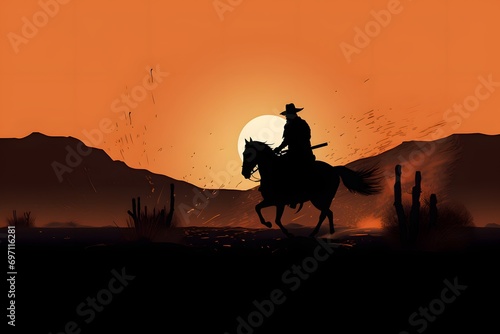 silhouette of a man riding a horse in a desert with sun in background