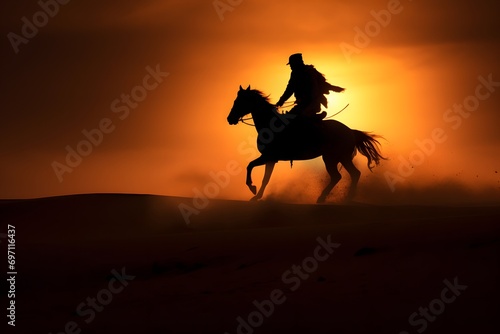 silhouette of a man riding a horse in a desert with sun in background