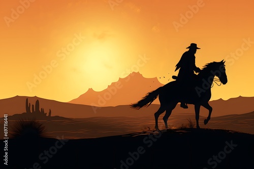 silhouette of a man riding a horse in a desert with sun in background © DailyLifeImages