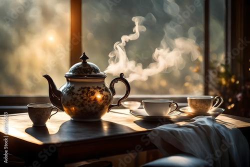 hot coffee background with steam rising from the tera pot full complete tea set with tea in it placed ont he table outside the lawn with mint leaf placed on it for tastea nd beauty abstract background photo