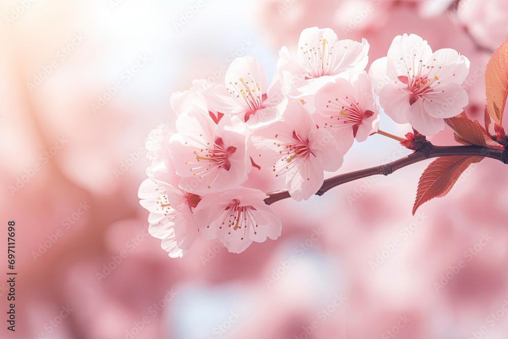 Obraz premium Pink cherry tree blossom flowers blooming in springtime against a natural sunny blurred garden banner background of pale pastel colours.