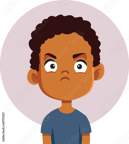 Angry Boy of African Ethnicity Frowning Upset Vector Character. Unhappy furious little kid feeling infuriated and irritated 
