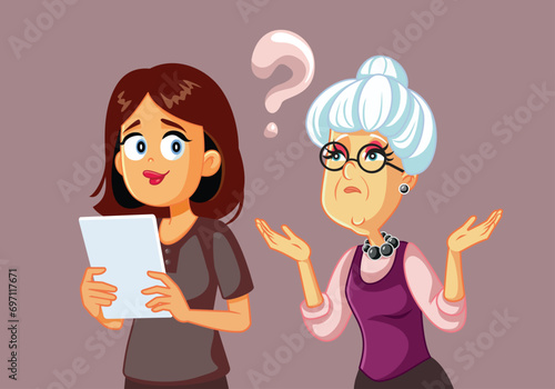 Vector Woman Showing her Elderly Mom how to Use Technology. Girl teaching her older relative how to navigate the pc tablet
 photo