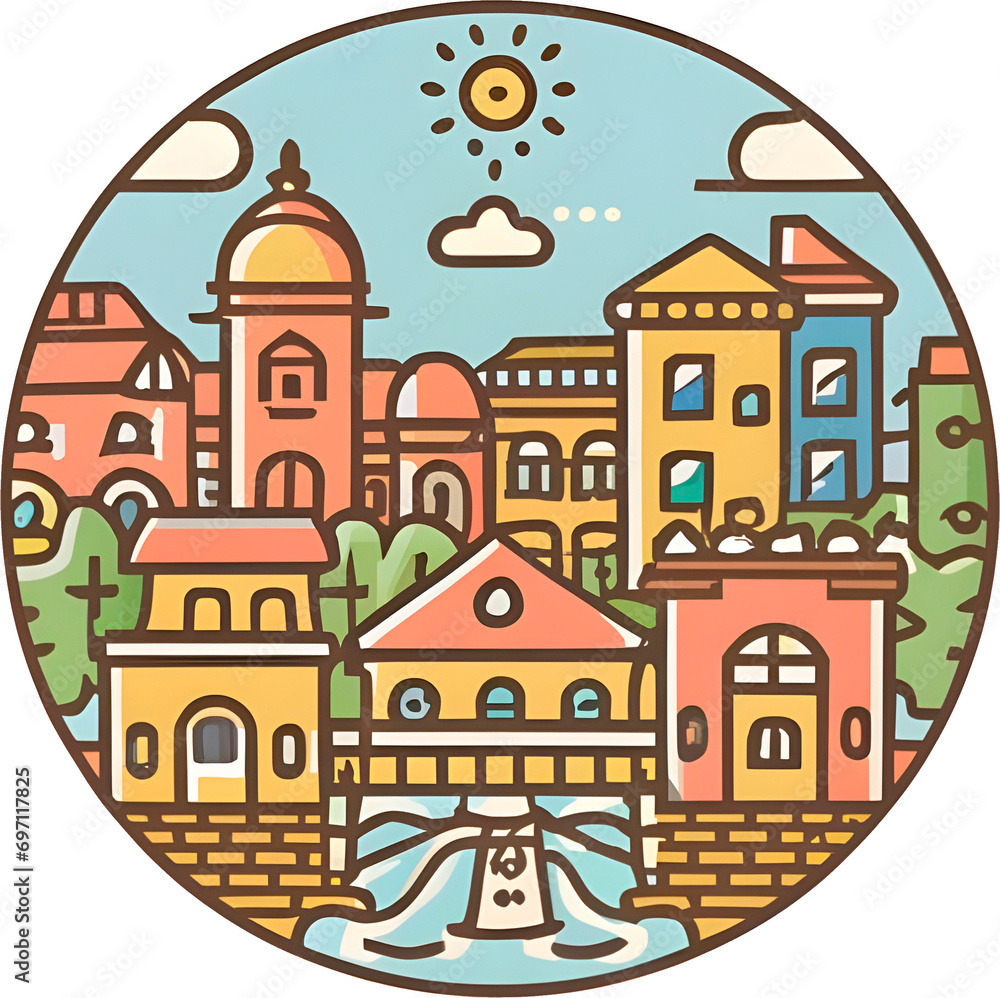 Round shape city illustration on a transparent background
