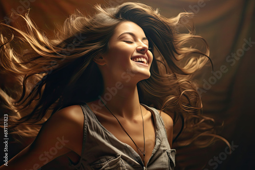 Happy young woman dancing and flipping her hair in a studio.