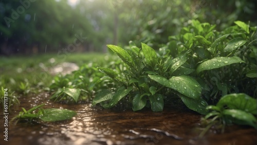 Vibrant green foliage with raindrops on leaves 