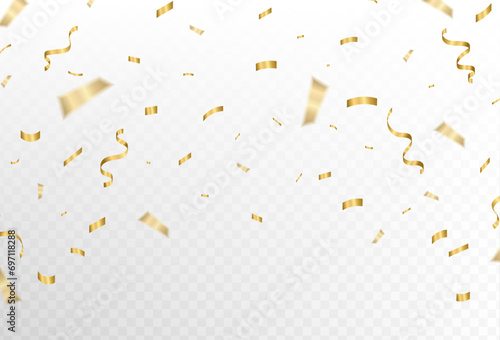 Confetti explosion on transparent background. Shiny gold paper cutouts that fly and spread. Blur. Big and small. Vector illustraction