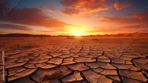 Global warming concept.Soil drought cracked landscape on sunset sky.Dry cracks in the land, serious water shortages.Drought concept.