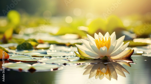 Beautiful lotus flower blooming on the pond with sunlight.