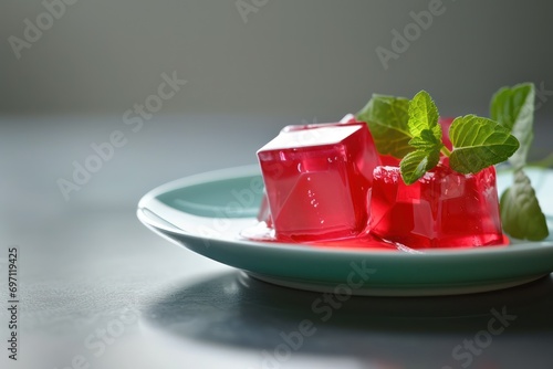 Cherry jelly with mint on plate, closeup. Space for text photo