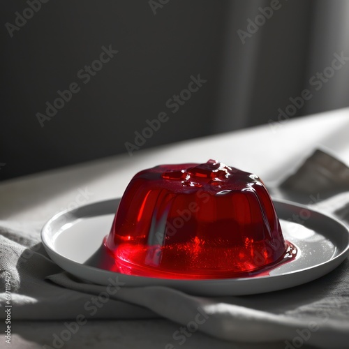 Delicious red jelly on plate, closeup. Space for text photo