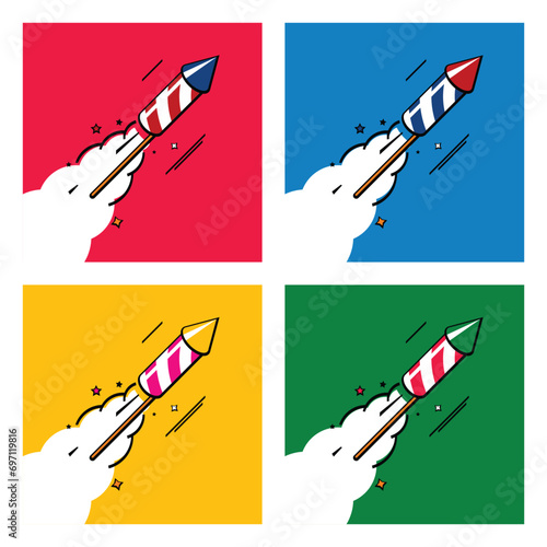 Set of colored flying firecrackers in Pop Art style
