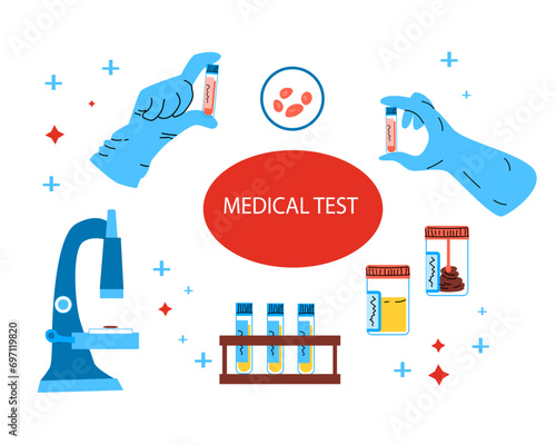 Medical test of blood, stool and urine background. Vector illustration isolated. Can used for medical banner, flyer. 