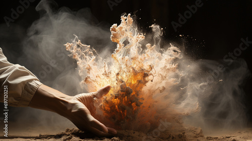 Magical hand showing magic making flowing dust with smoke and fire