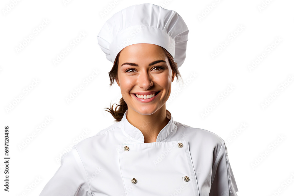 Portrait of young chef woman with uniform and cap posting with happy smile isolated on transparent background.
