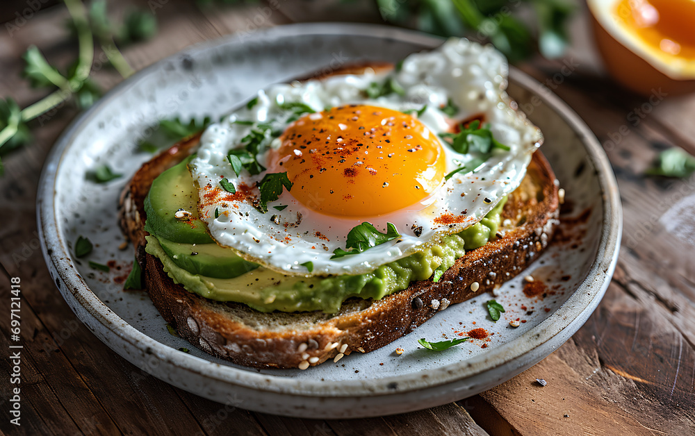 Brunch Perfection: Avocado Toast with Fried Sunny Side Up Egg, Overhead View Brunch Perfection: Avocado Toast with Fried Sunny Side Up Egg, Overhead View