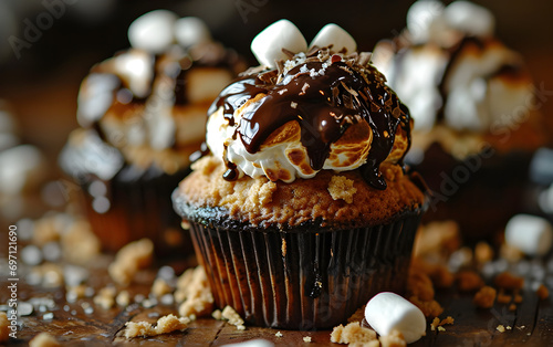 Sweet Temptation: Decadent S'mores Cupcakes with Mini Marshmallows and Chocolate Drizzle