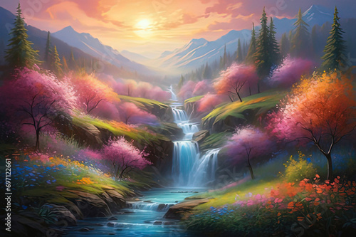painting of a waterfall in a beautiful mountain landscape with trees