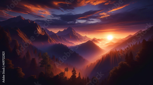A realistic evening scene of a mountain landscape with orange and purple sunset lights radiating from the right. It creates a peaceful atmosphere. AI generative © chopoo