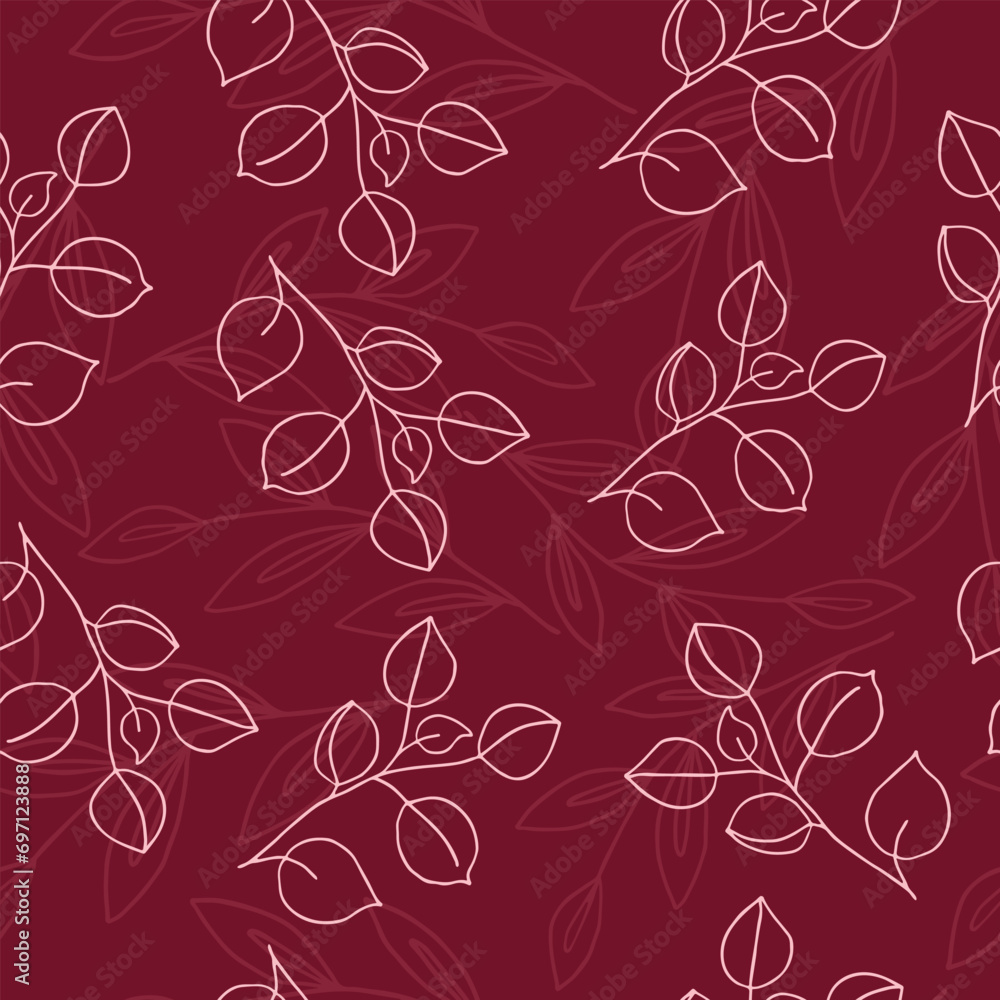 Seamless pattern with sprigs of leaves on a dark red background. Seamless pattern with sprigs of leaves on a dark red background.